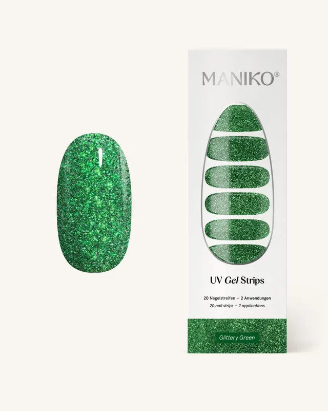 maniko-glittery-green-uv-gel-strips-tannengr-n-glitzer image 1